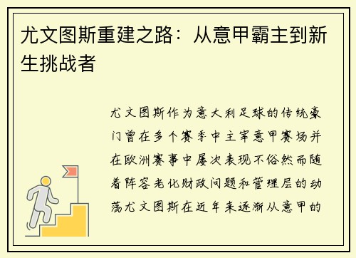 尤文图斯重建之路：从意甲霸主到新生挑战者