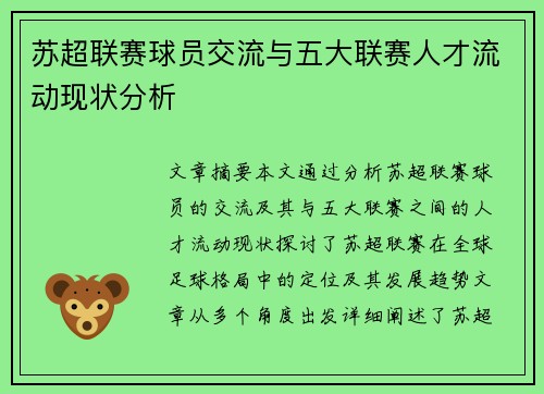 苏超联赛球员交流与五大联赛人才流动现状分析
